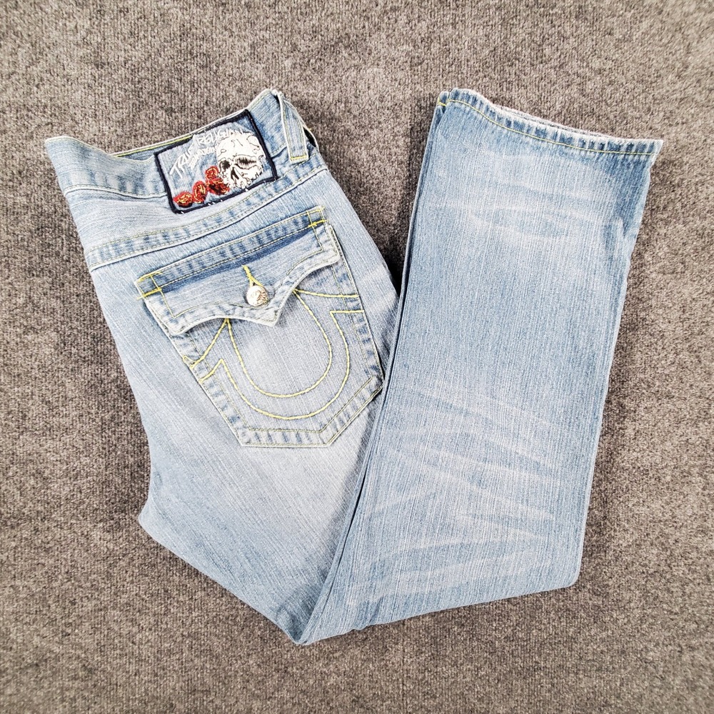True Religion Jeans Mens 38x32 M24859M7 Light Wash Distressed Skull Roses USA